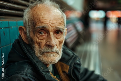 Detailed shot of an older man with an impressive beard and expressive eyes, amidst an urban setting