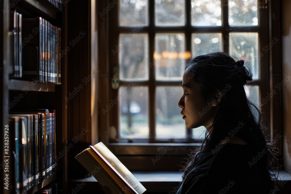Fototapeta premium In a dimly lit library, a woman is silhouetted against a window while reading a book