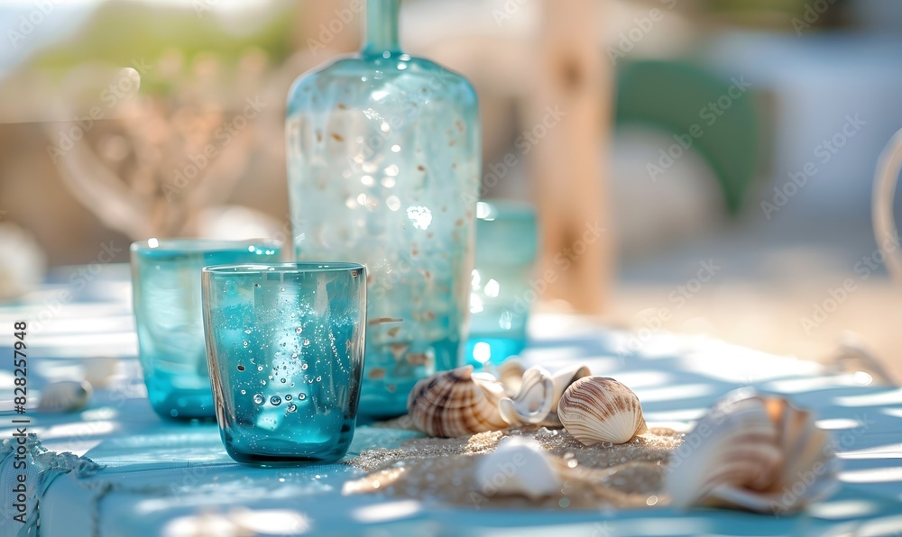 aqua tumbler glasses and a seashell and sand centerpiece, Generative AI aqua tumbler glasses and a seashell and sand centerpiece, Generative AI