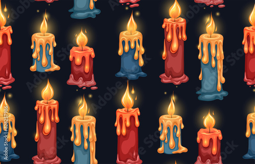 Vector holiday pattern with multi-colored candles on a dark background. Texture with paraffin light sources. Aromatherapy and spa. Background for wrapping paper.