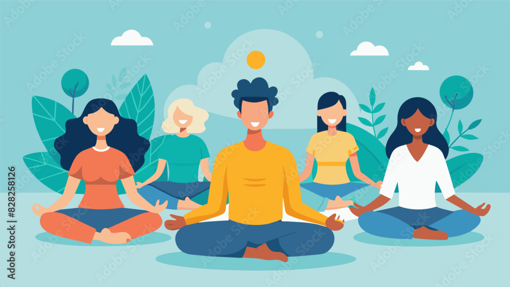 Attendees practice mindfulness techniques such as breathing exercises and guided meditation to help them become more present and intentional in their consumption choices.. Vector illustration Attendees practice mindfulness techniques such as breathing exercises and guided meditation to help them become more present and intentional in their consumption choices.. Vector illustration