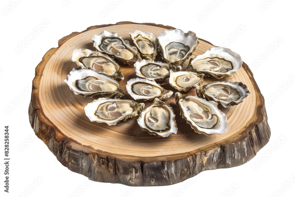 dish of raw oysters on a wooden board with on a clean white background. dish of raw oysters on a wooden board with on a clean white background.