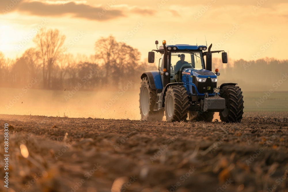 A modern tractor at work, plowing the fields during sunset, creating a dynamic rural scene A modern tractor at work, plowing the fields during sunset, creating a dynamic rural scene
