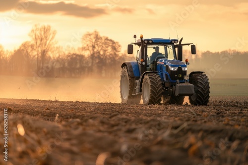 A modern tractor at work  plowing the fields during sunset  creating a dynamic rural scene