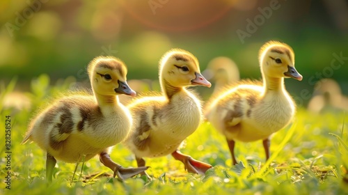 Ducklings gleaming in sunlight on grass