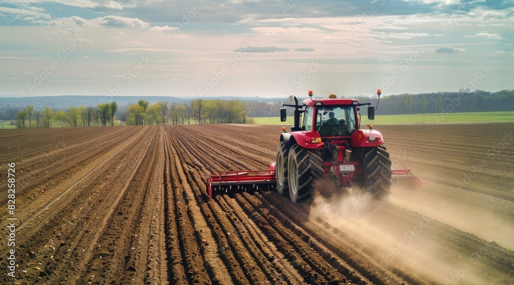Fototapeta premium Modern tractor working on a vast agricultural field