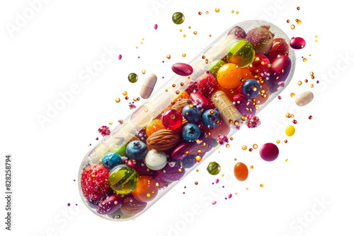 nutritional supplement capsule filled with fruits, vegetables, nuts and beans, on a crisp white background.
