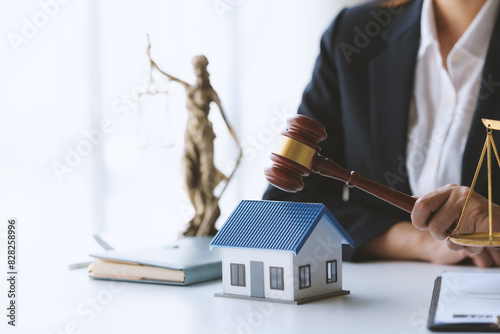 Lawyer holding gavel near model house and justice scale, symbolizing real estate law and property rights consultation.