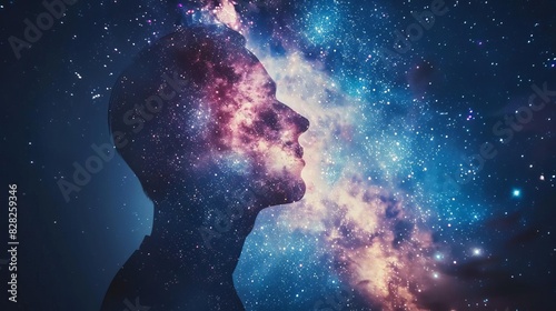 Double exposure of a mans profile blending with the Milky Way, capturing the vastness and beauty of the cosmos