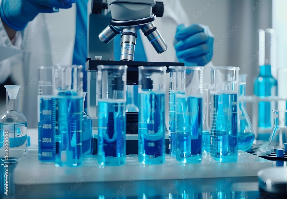 Laboratory workers working with blue liquid in beakers and flasks on a table, for a science research background Laboratory workers working with blue liquid in beakers and flasks on a table, for a science research background