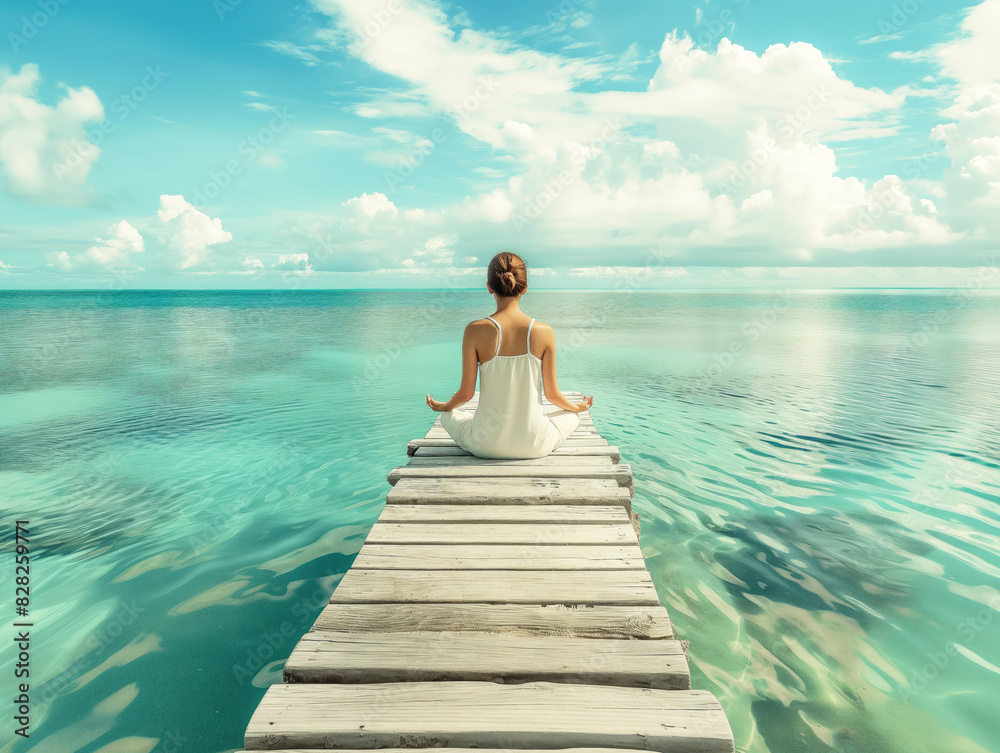A woman meditating at the end of a wooden pier overlooking a calm turquoise sea, with a serene sky background, conveying a concept of peace and mindfulness. Generative AI A woman meditating at the end of a wooden pier overlooking a calm turquoise sea, with a serene sky background, conveying a concept of peace and mindfulness. Generative AI