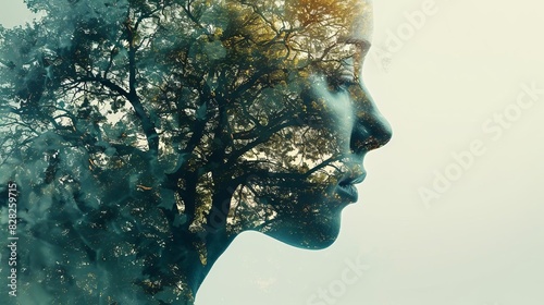 Double exposure of a trees silhouette intertwined with a human face, symbolizing growth and unity with the environment photo