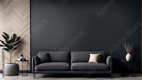 Living room in gray and black, Minimalist design with blank empty dark interior, graphite modern sofa, herringbone beige accent, 3D render
