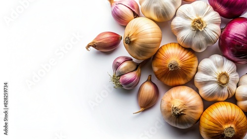 Garlic and Onion scattered on white background. top view
