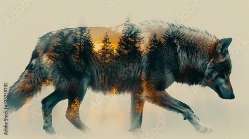 Double exposure of a wolfs silhouette merging with a dense forest, symbolizing the wild spirit and natural habitat photo