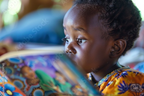 Image of a child from the side, wearing vibrant traditional African clothing, with colorful patterns photo