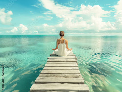 A woman meditating at the end of a wooden pier overlooking a calm turquoise sea, with a serene sky background, conveying a concept of peace and mindfulness. Generative AI