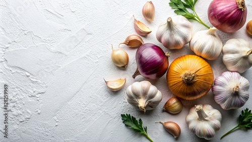 Garlic and Onion scattered on white background. top view