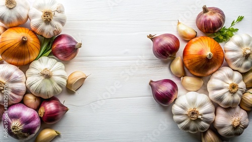 Garlic and Onion scattered on white background. top view
