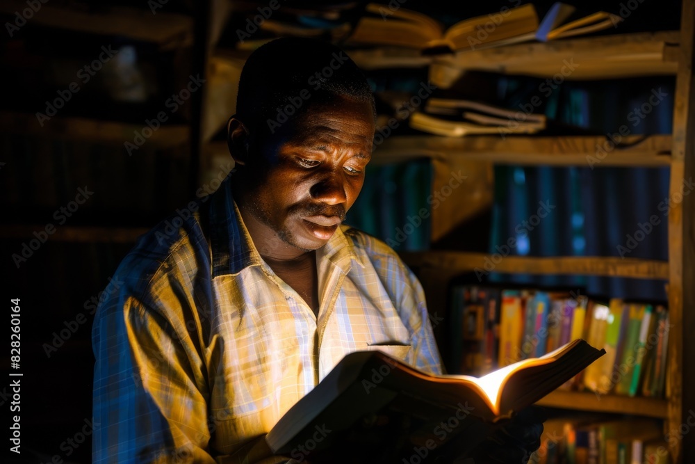 A man is illuminated by the soft glow of a book, with a blurred background showing a library shelf A man is illuminated by the soft glow of a book, with a blurred background showing a library shelf