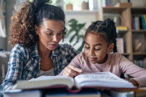 A focused mother helps her young daughter study from a book in a home setting