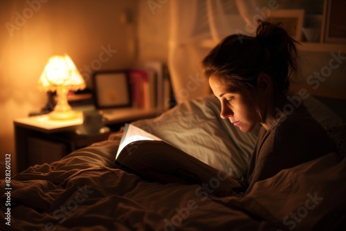 A person with a blurred face reading a book in bed under the warm glow of a bedside lamp