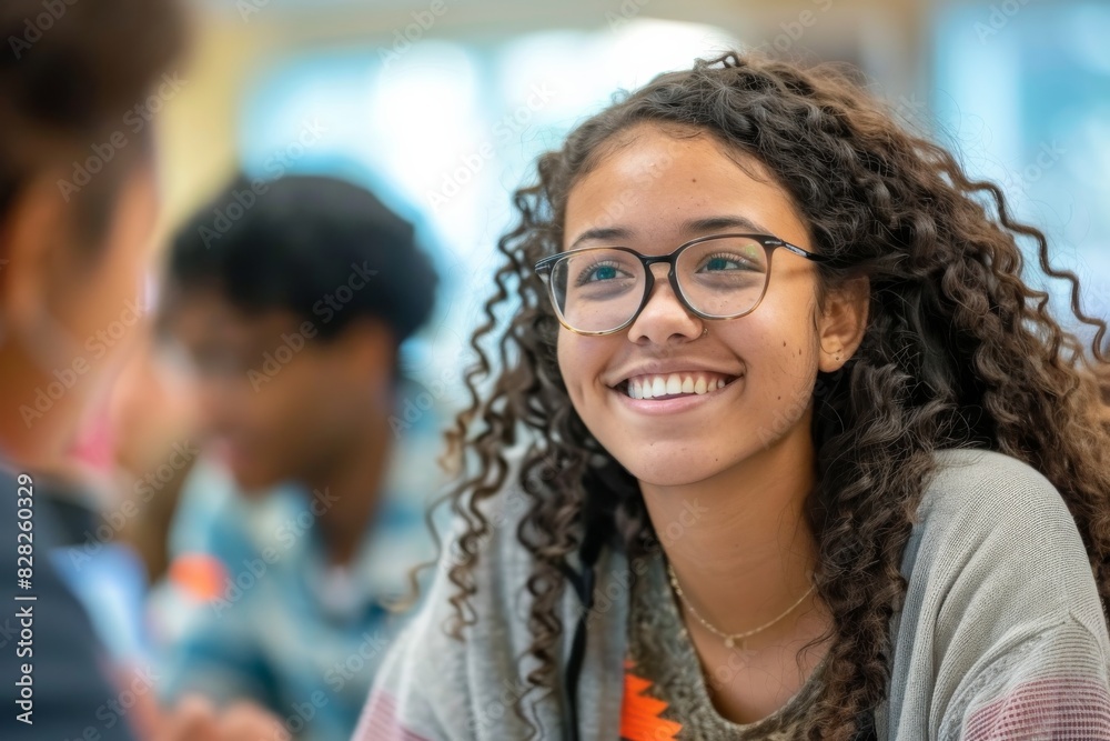A radiant young woman with curly hair and spectacles smiles while talking to a friend A radiant young woman with curly hair and spectacles smiles while talking to a friend