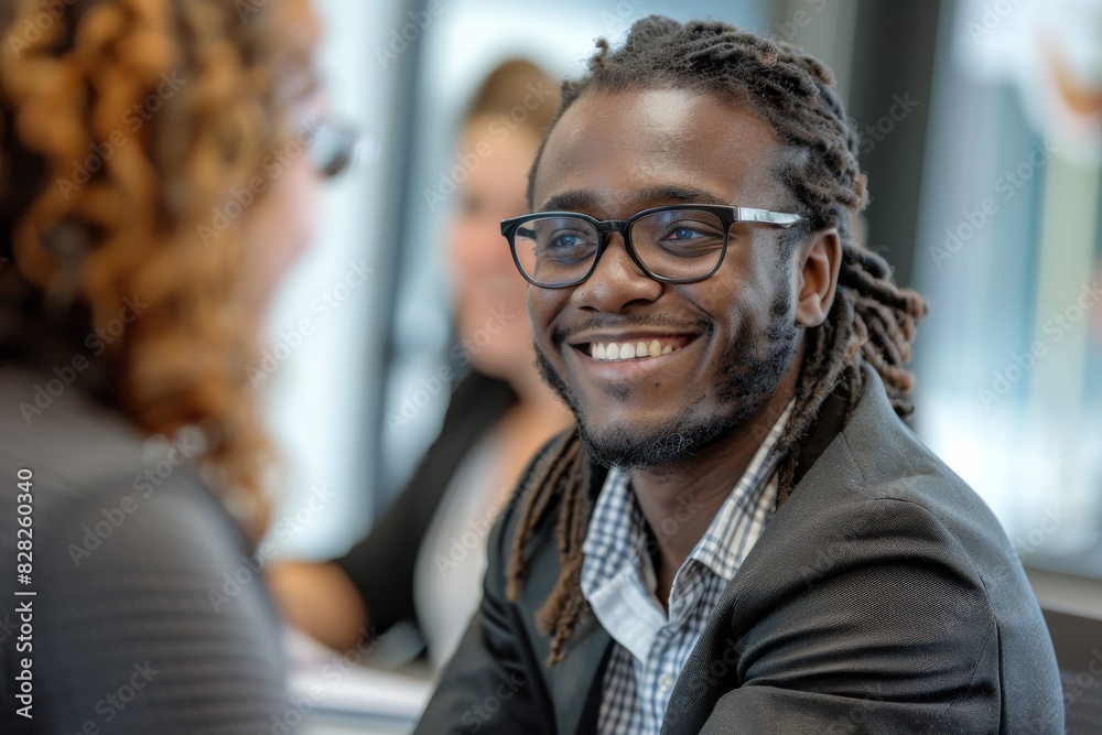 A professional man with dreadlocks is captured smiling during a conversation at a networking event A professional man with dreadlocks is captured smiling during a conversation at a networking event