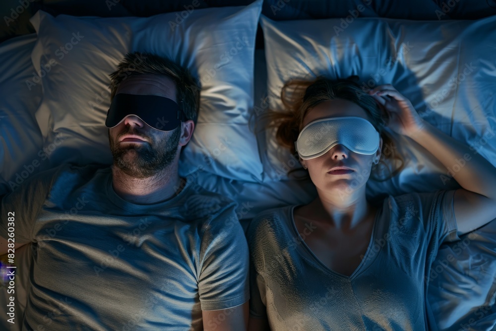 A couple lies in bed side by side, their faces blurred, in a peaceful restful night setting