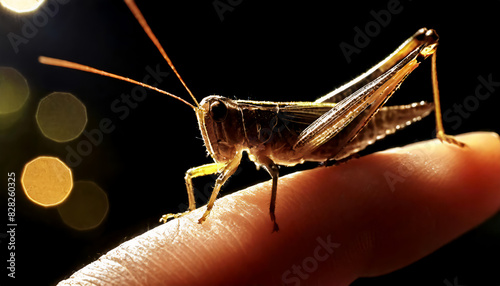 A close up image of grasshopper on finger in the night. A macro shot with selective focus © Loliruri