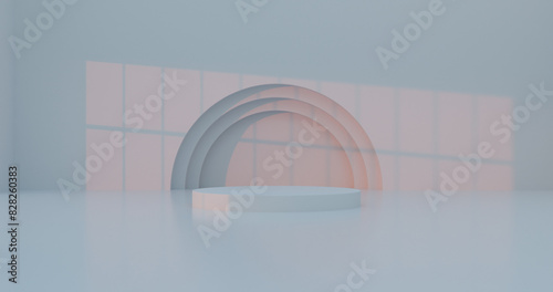 Empty white podium pedestal for product presentation in bright room with sunlight.