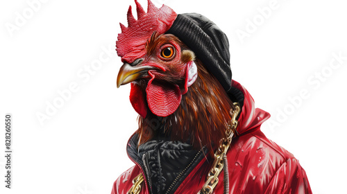 A swaggering rooster in a red tracksuit and black beanie, gold chain dangling, challenging stare photo