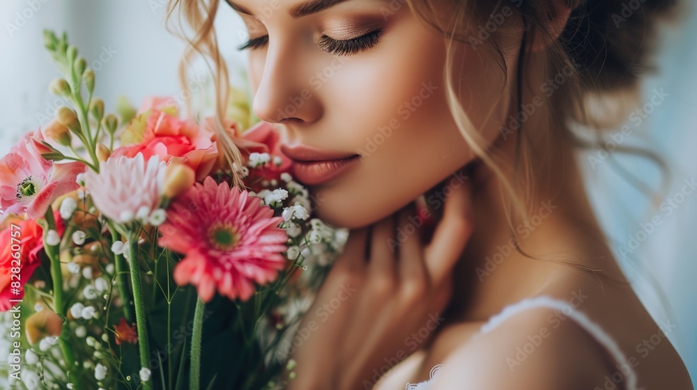 Beautiful woman wearing a new outfit in a close-up wedding shot.
