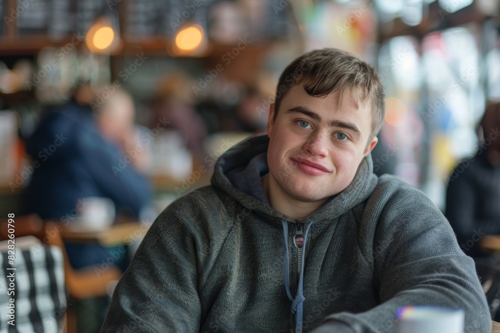 Portrait of a smiling young man wearing a hoodie in a café, with a soft-focus background of patrons and warm ambience Portrait of a smiling young man wearing a hoodie in a café, with a soft-focus background of patrons and warm ambience