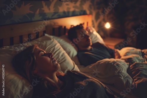 An individual is seen peacefully lying in bed, gazing upward with a thoughtful expression in ambient lighting