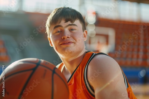 A basketball player in an orange jersey holds a ball with a confident smile on the sports court
