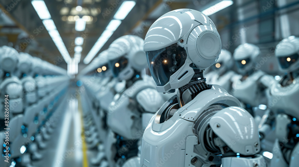 Cybernetic robots in a high-tech manufacturing environment, performing precise tasks Cybernetic robots in a high-tech manufacturing environment, performing precise tasks