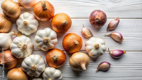 Garlic and Onion scattered on white background. top view