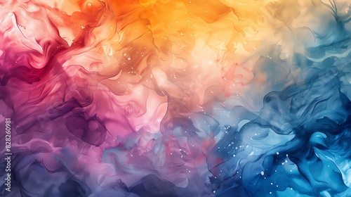 An abstract painting with bright rainbow-like waves.