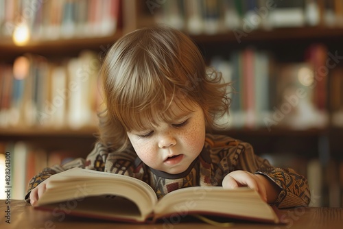 A young child with curly hair is deeply concentrated while reading a book in a library setting