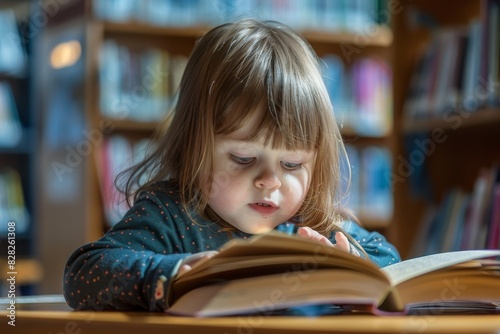 A young child is engrossed in a large book at a library, face hidden, highlighting the concept of education and learning