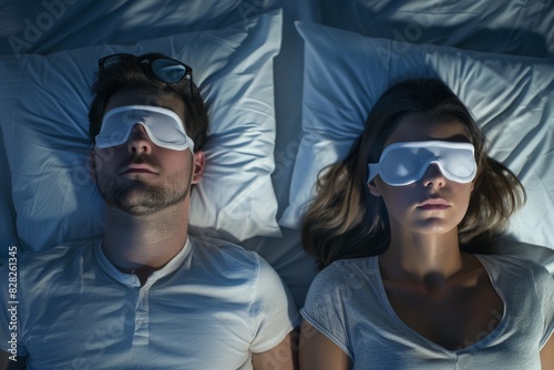 An overhead view of a couple lying in bed side by side at night  faces obscured for privacy