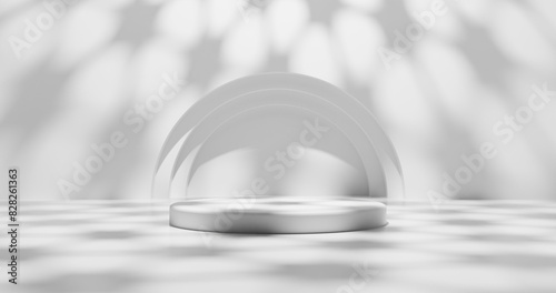 Empty white podium pedestal for product presentation in bright room with sunlight.