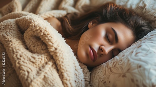 lovely young woman wrapped in a blanket and laying in bed with her eyes closed