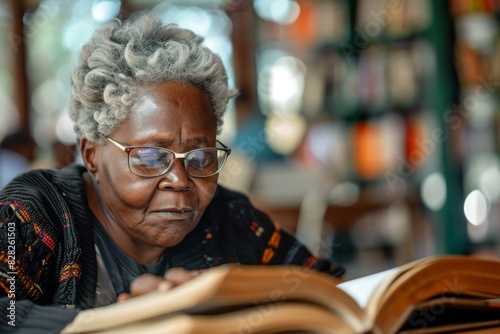 A mature woman with grey hair and glasses deeply engrossed in reading a book, showing focus and concentration