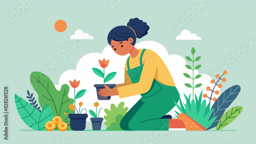 Whether its pulling weeds or propagating new herbs the process of gardening itself is an act of selfcare and a source of rejuvenation in the herbal wellness garden.. Vector illustration