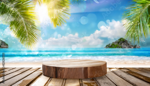 Empty wooden podium with tablecloth on table over tropical beach bokeh background. Summer mock up for design and product display 