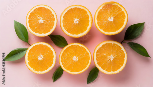 Top view photo of orange slices drops on isolated pastel pink background 