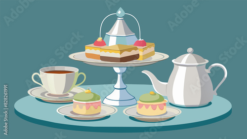 An elegant high tea with vintage silver platters holding an array of dainty sandwiches and petit fours.. Vector illustration
