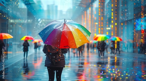 A group of friends with rainbow umbrellas in the rain
